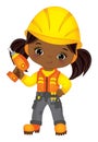 Vector Construction. Cute Little Black Girl Drilling. Vector Little Builder Royalty Free Stock Photo