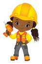 Cute Little Black Girl Drilling. Vector Little Builder. Vector Construction 