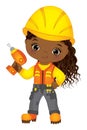 Cute Little Black Girl Drilling. Vector Little Builder. Vector Construction Royalty Free Stock Photo