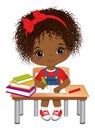 Vector Cute African American Girl Sitting at Desk. Vector Little School Girl