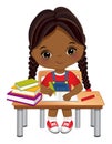 Vector Cute African American Girl Sitting at Desk. Vector Little School Girl