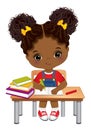 Vector Cute African American Girl Sitting at Desk. Vector Little School Girl