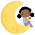 Cute Little Black Girl Sitting on Moon Flat Vector Illustration Isolated on White