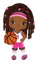 Cute Little African American Girl Playing Basketball. Vector Black Basketball Player