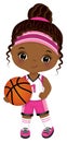 Cute Little African American Girl Playing Basketball. Vector Black Basketball Player Royalty Free Stock Photo