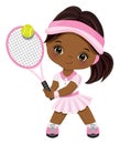 Cute Little Black Girl Wearing Pink and White Sport Outfit Playing Tennis. Vector Little Tennis Player Royalty Free Stock Photo