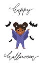 Cute little black girl in witch costume for Halloween party. Royalty Free Stock Photo