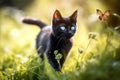 Cute little black kitten chasing butterfly in the meadow.