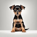 Cute little black puppy of Russian Toy Terrier breed sits on white background and looks into the frame. Beautiful illustration of Royalty Free Stock Photo