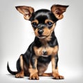 Cute little black puppy of Russian Toy Terrier breed sits on white background and looks into the frame. Beautiful illustration of Royalty Free Stock Photo