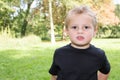 Cute little blond boy child in black t-shirt in green grass field park Royalty Free Stock Photo