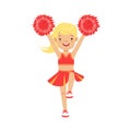 Cute little blond cheerleader girl dancing with red pompoms. Colorful cartoon character vector Illustration