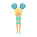 Cute little blond girl dancing with blue pompoms. Colorful cartoon character vector Illustration