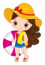 Cute Little Brunette Girl Holding Buoy and Beach Towel