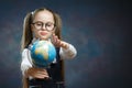 Cute Little Blond Schoolgirl Hold World Globe