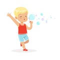 Cute little blonde boy blowing bubbles vector Illustration