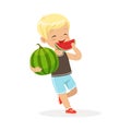 Cute little blonde boy character enjoying eating watermelon cartoon vector Illustration Royalty Free Stock Photo