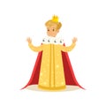 Cute little blonde boy wearing a king costume, fairytale costume for party or holiday vector Illustration