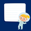 Cute little blonde girl astronaut with a blank poster for your t