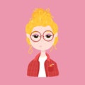 Cute Little Blonde Girl In Glasses And A Plaid Shirt. Fashionable Character In A Simple Hand-drawn Style On A Pink