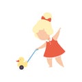 Cute Little Blonde Girl Playing with Toy Duck Vector Illustration Royalty Free Stock Photo