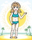 Cute little blonde girl standing on tropical beach with palms. Vector human illustration wearing colorful bathing