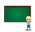 Cute little blonde school boy with big green eyes near blackboard on white background. Royalty Free Stock Photo