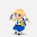 Cute little blonde schoolgirl with braids and big blue eyes wearing uniform with backpack on transparent background.