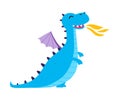 Cute Little Blue Baby Dragon Spitting Fire, Funny Fantastic Creature, Fairy Tale Character Cartoon Style Vector