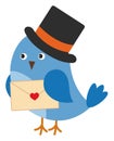 Cute Little Blue Bird Wearing Gentleman's Hat Holding Envelope with Heart Image . Vector Cute Bird
