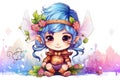 a cute little blue haired fairy sitting on a flowery ground. generative ai