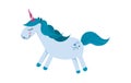 Cute little blue magic unicorn, children`s vector illustration on white background