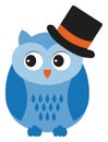 Cute Little Blue Owl Wearing Gentleman's Hat . Vector Cute Owl