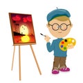 Cute little boy artist painting paints picture on easel white Royalty Free Stock Photo