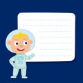 Cute little boy astronaut with a blank poster for your text entr