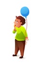 Cute little boy with balloon eat lollypop on white