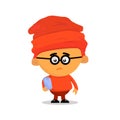 Cute little boy in big glasses is holding a phone in his hand. Flat cartoon vector illustration