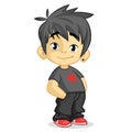 Cute little boy with black hair dressed in black standing and smiling. Vector cartoon kid character with hands in pockets Royalty Free Stock Photo