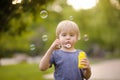 Cute little boy blowing soap bubbles in beautiful summer park Royalty Free Stock Photo