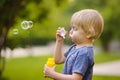 Cute little boy blowing soap bubbles in beautiful summer park Royalty Free Stock Photo