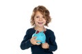 Cute little boy with a blue moneybox Royalty Free Stock Photo