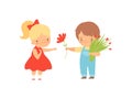 Cute Little Boy with Bouquet of Flowers Giving Red Flower to Lovely Blonde Girl in Red Dress Cartoon Vector Illustration