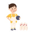 Cute Little Boy with Bowling Ball and Pins Practicing Sport and Physical Activity Vector Illustration Royalty Free Stock Photo
