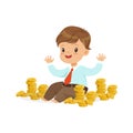 Cute little boy businessman sitting surrounded by stacks of gold coins, kids savings and finance, richness of childhood Royalty Free Stock Photo