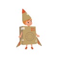 Cute little boy in a cardboard costume of airplane vector Illustration on a white background