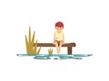 Cute Little Boy Cartoon Character Sitting on Pier Vector Illustration Royalty Free Stock Photo