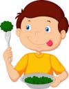 Cute little boy cartoon eats vegetable using fork Royalty Free Stock Photo