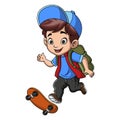 Cute little boy cartoon playing skateboard Royalty Free Stock Photo