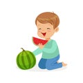 Cute little boy character enjoying eating watermelon cartoon vector Illustration Royalty Free Stock Photo