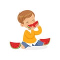 Cute little boy character enjoying eating watermelon cartoon vector Illustration Royalty Free Stock Photo